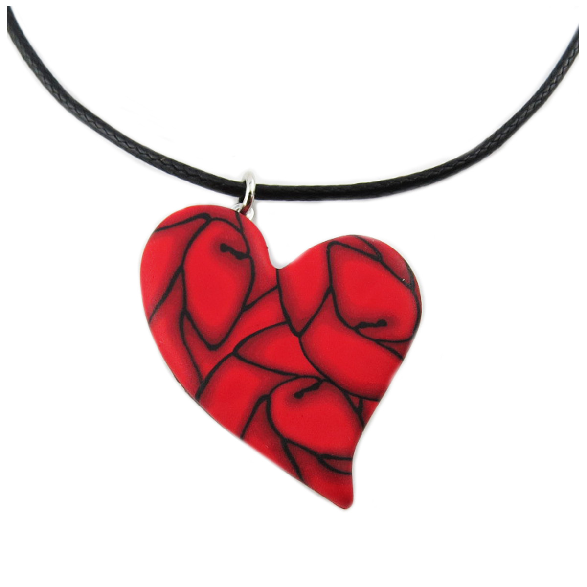 Collier artisanal \'Colombine & Arlequin\' rouge - 33x26 mm (love coeur) - [R1343]
