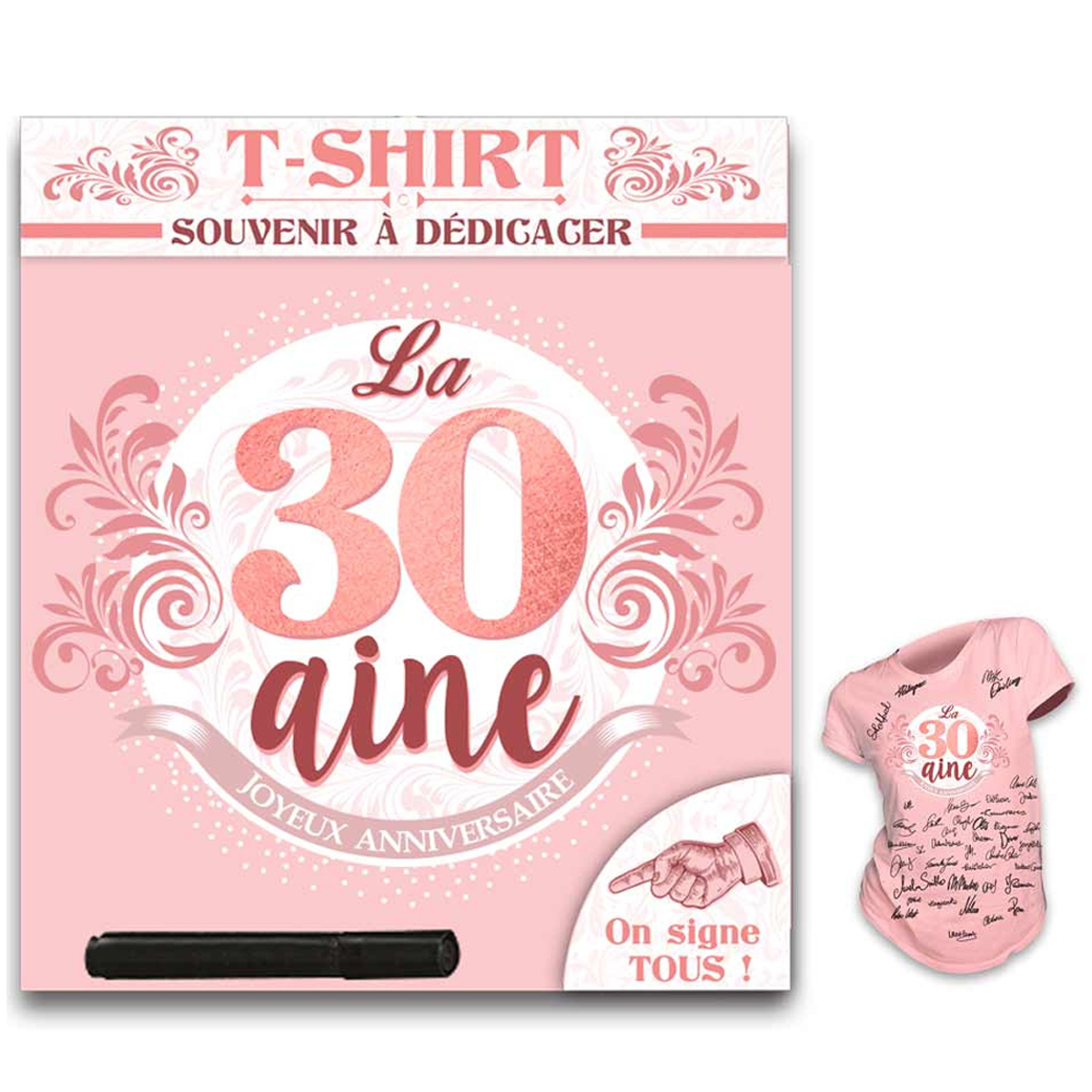 T-shirt polyester \'30 aine\' rose blanc - (dédicace) - [R1418]