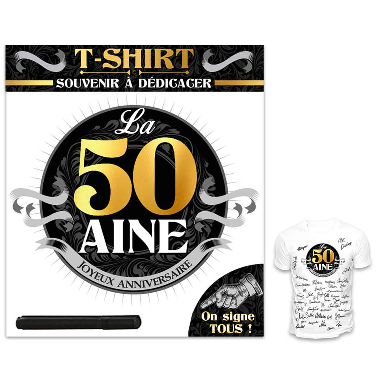 T-shirt \'50 aine\' noir blanc - (dédicace) - [R1425]