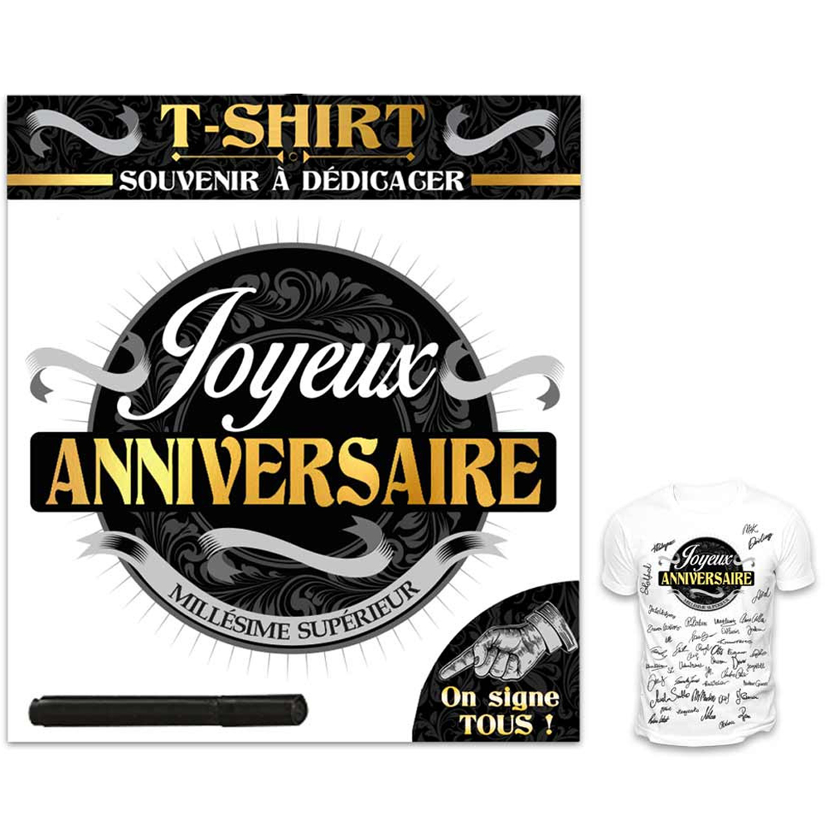 T-shirt \'Joyeux Anniversaire\' noir blanc - (dédicace) - [R1427]