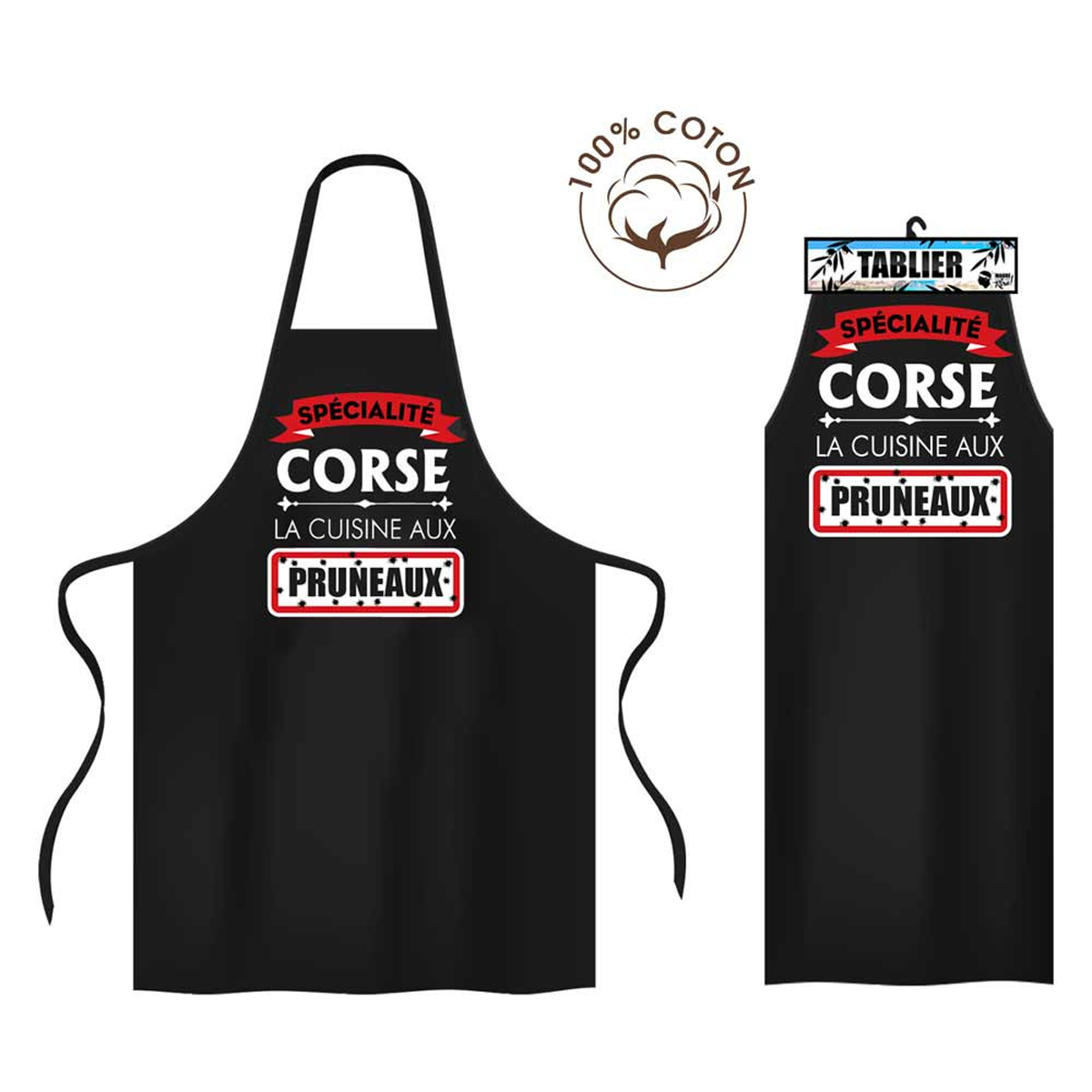 Tablier coton 'Corse' noir (Spécialité Corse la cuisine aux pruneaux) -  80x70 cm - [R1633]