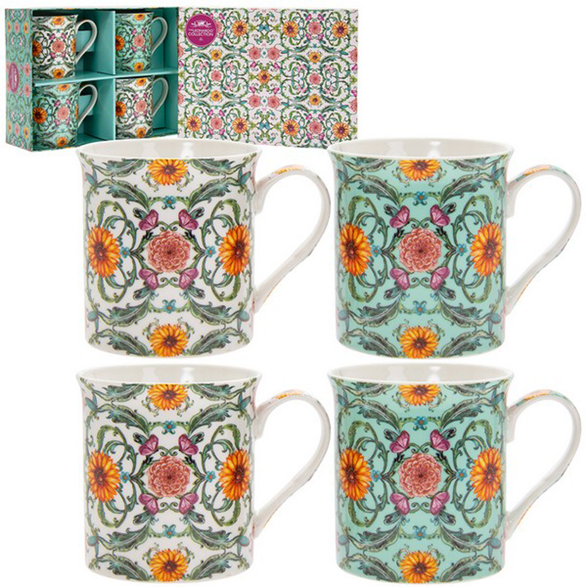 Coffret mugs porcelaine \'Amadeus\' vert orange blanc (4 mugs) - 85x85 mm  - [R1778]