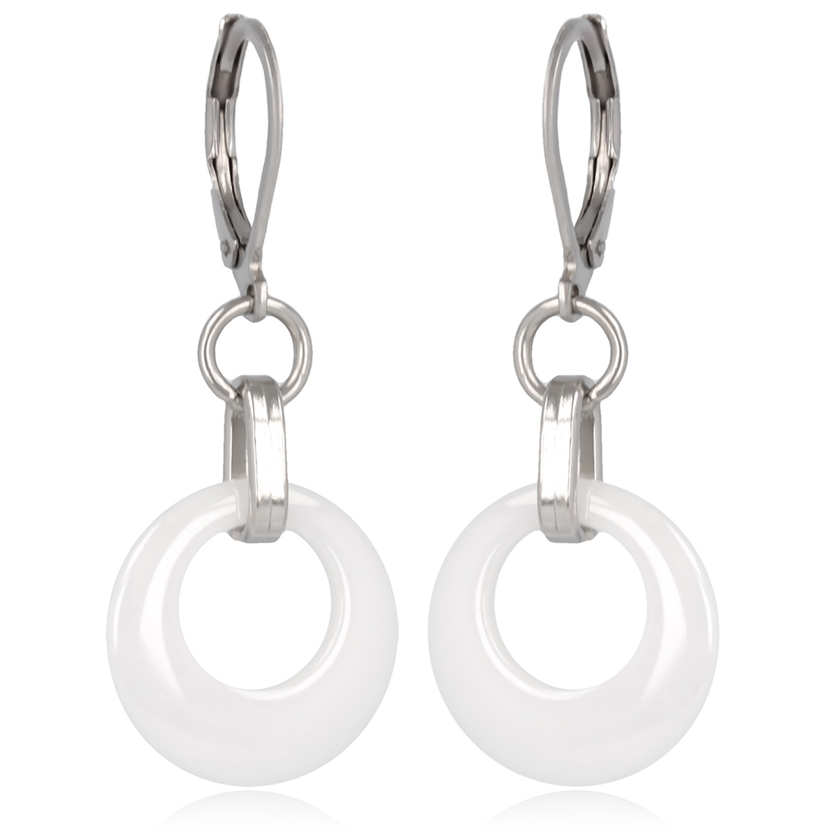 Dormeuses acier \'Chorégraphie\' blanc céramique argenté - 25x15 mm - [R1912]