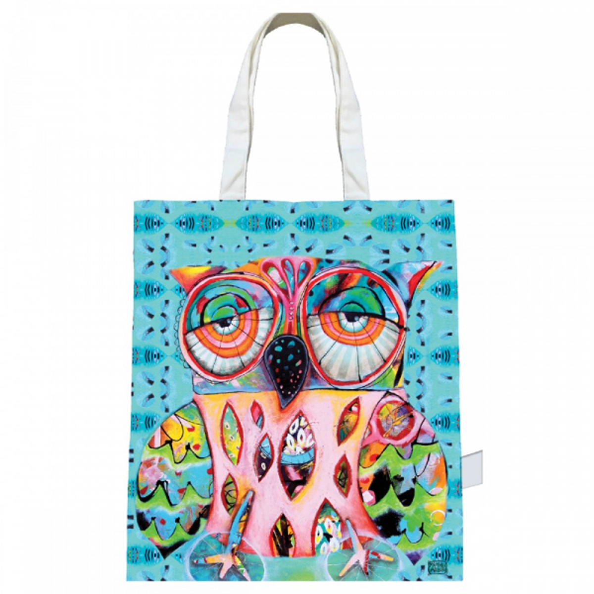 Sac coton / tote bag \'Allen Designs\' turquoise multicolore (chouette) - 43x39 cm - [R1954]