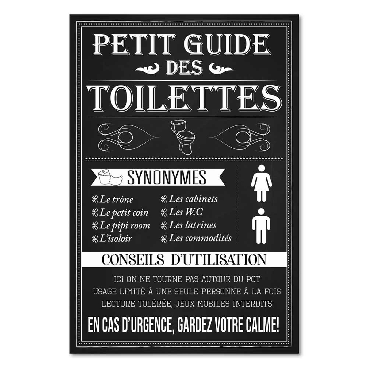 Toile humoristique 'Messages' noir (Petit guide des toilettes) - 34x23 cm -  [R2549]