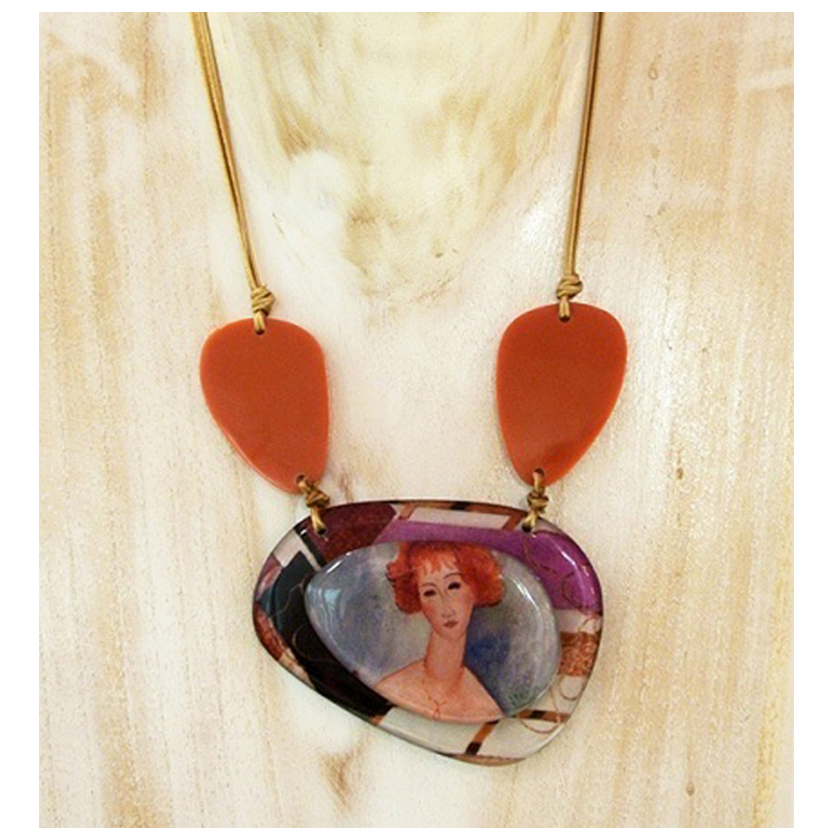 Collier artisanal \'Mistinguette\' violet orange (Modigliani) - 8x6 cm - [R4313]