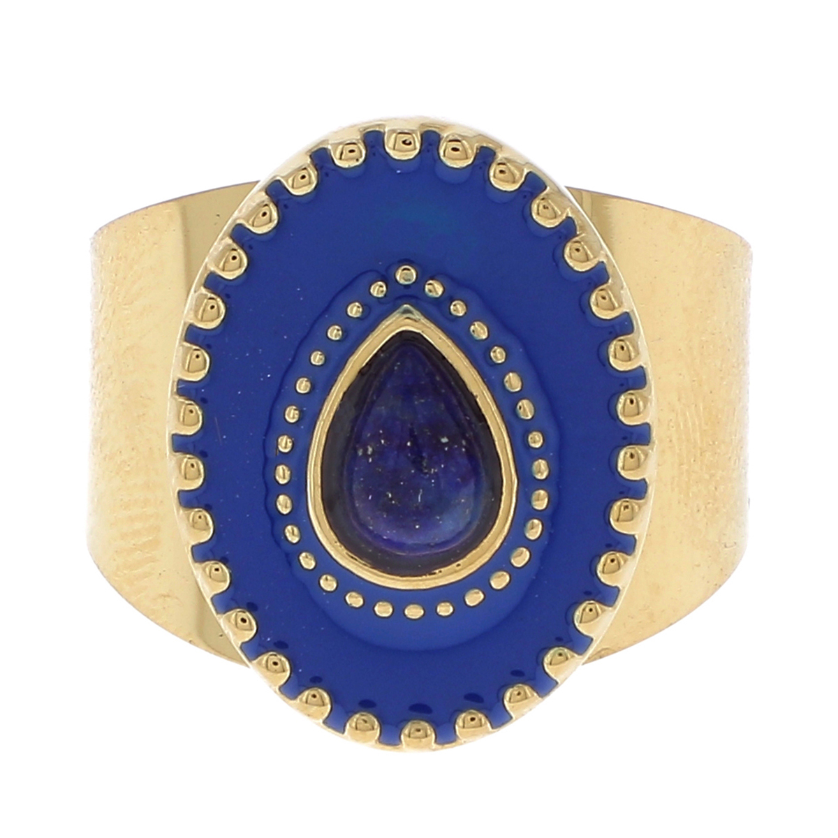 Bague créateur acier \'Cleopatra\' bleu doré - 17x14 mm - [R4399]