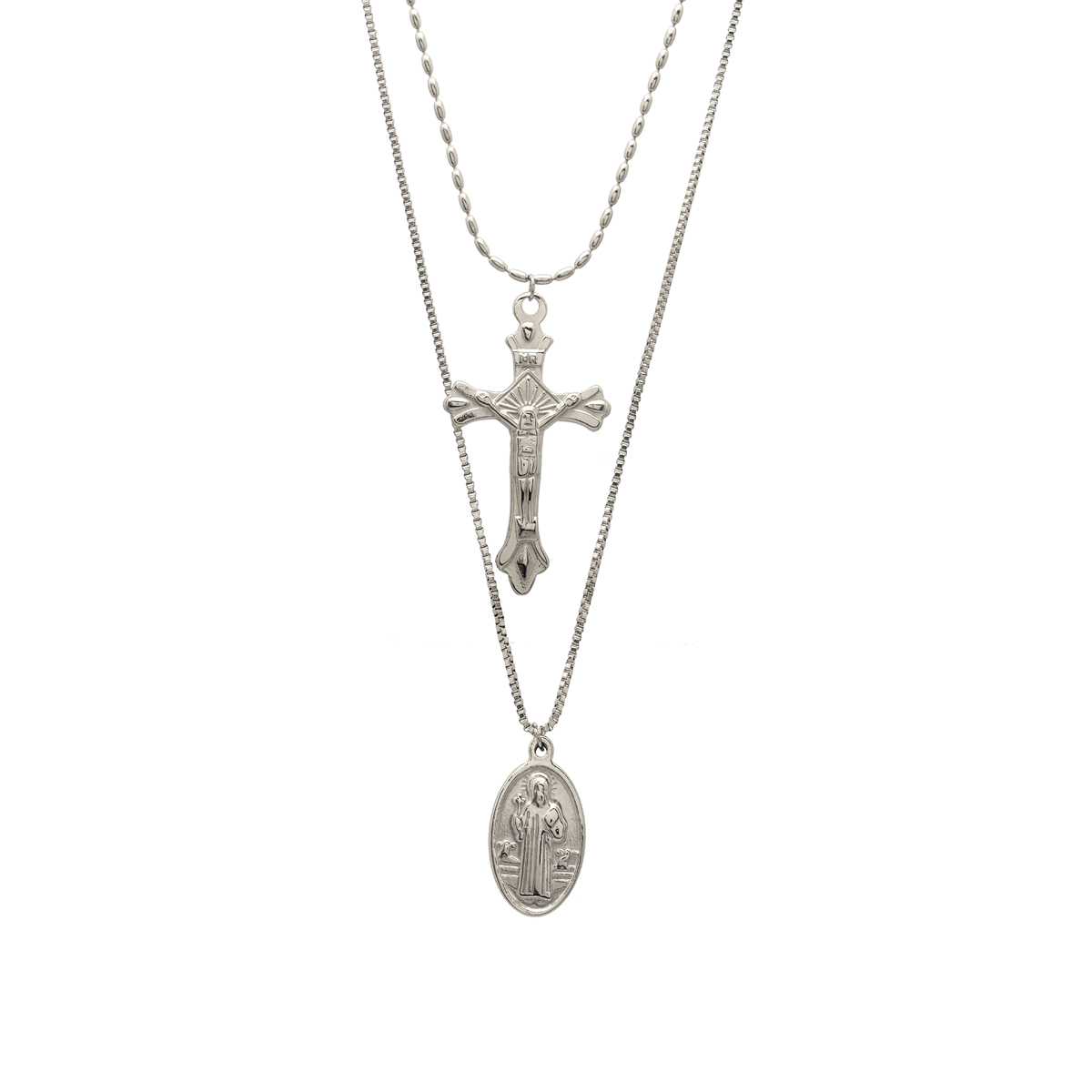 Collier créateur acier \'Boho\' argenté (2 rangs) - 40x50 cm, croix 40x25 mm (croix, vierge marie) - [R4425]