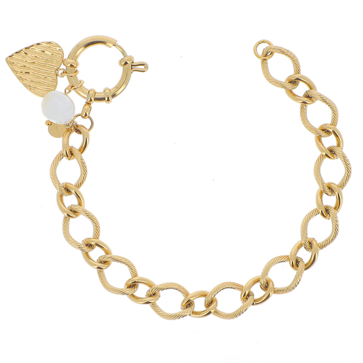 Bracelet créateur Acier \'Cléopatra\' blanc doré (perle d\'eau douce) - 15x15 mm (coeur) - [R4516]