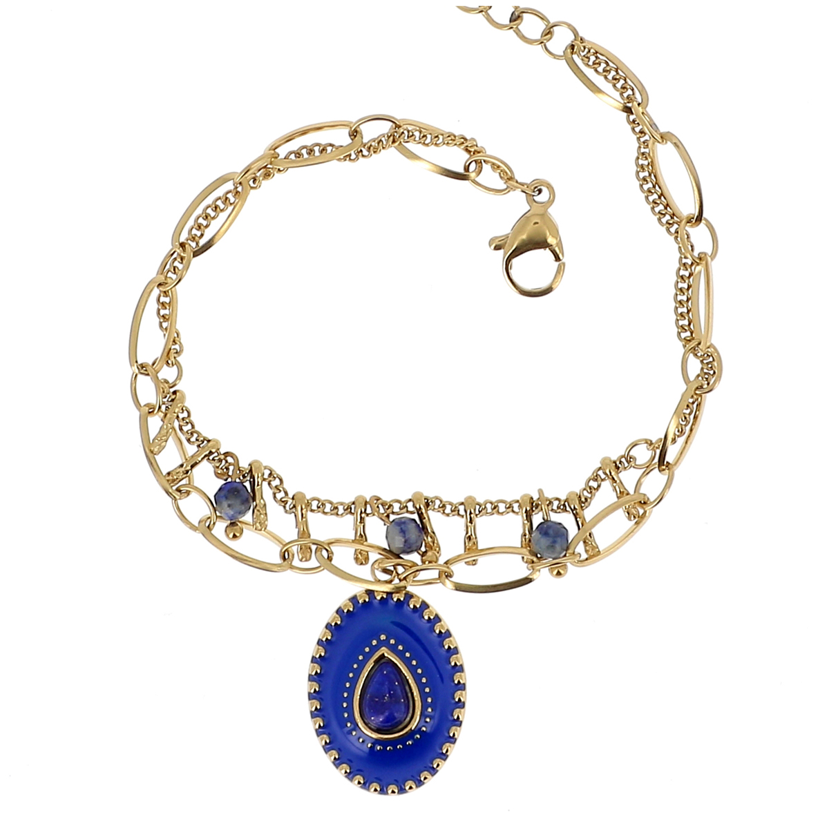 Bracelet créateur Acier \'Cléopatra\' bleu doré - 18x14 mm (2 rangs) - [R4521]