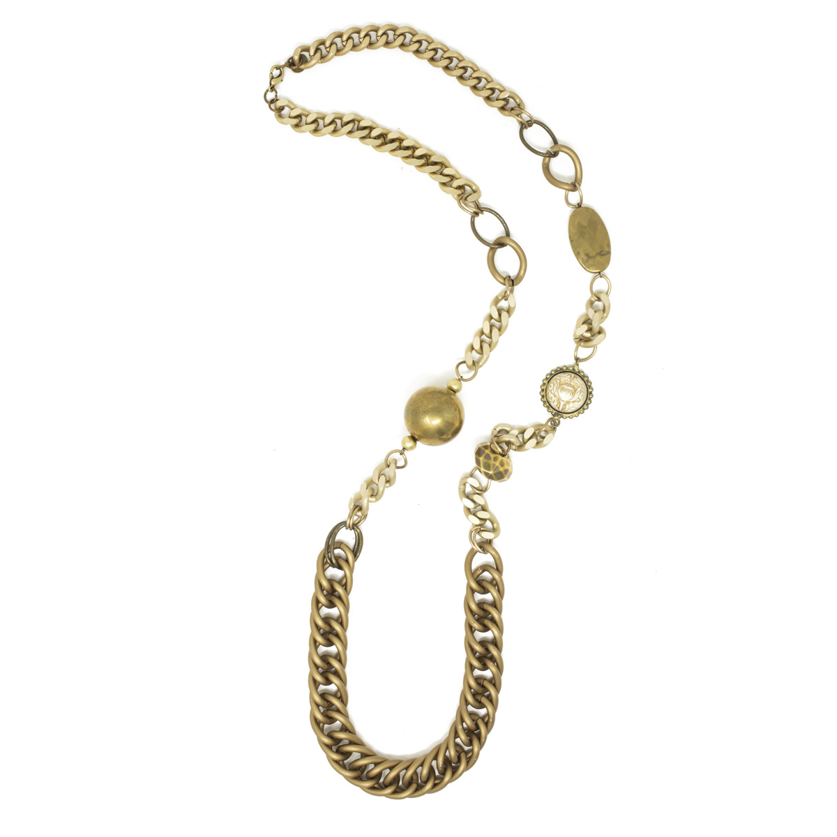 Collier sautoir artisanal \'Mythique Syracuse\' beige doré vieilli - 110 cm 2 cm - [R4600]