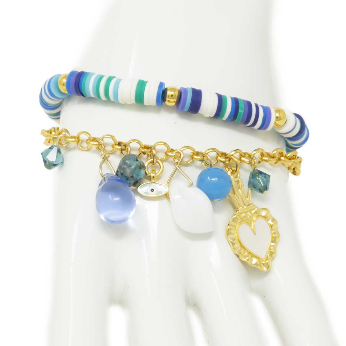 Bracelet artisanal \'Mythique Syracuse\' bleu blanc doré - 35 mm (2 rangs) - [R4611]
