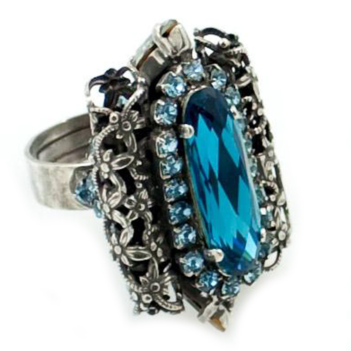 Bague artisanale \'Mythique Syracuse\' turquoise argenté vieilli - 30x20  mm - [R4615]