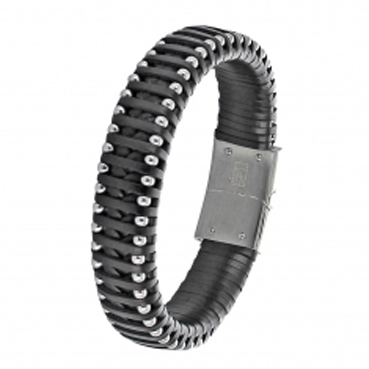 Bracelet cuir acier \'Giorgio\' noir argenté - 215x15 mm - [R5087]