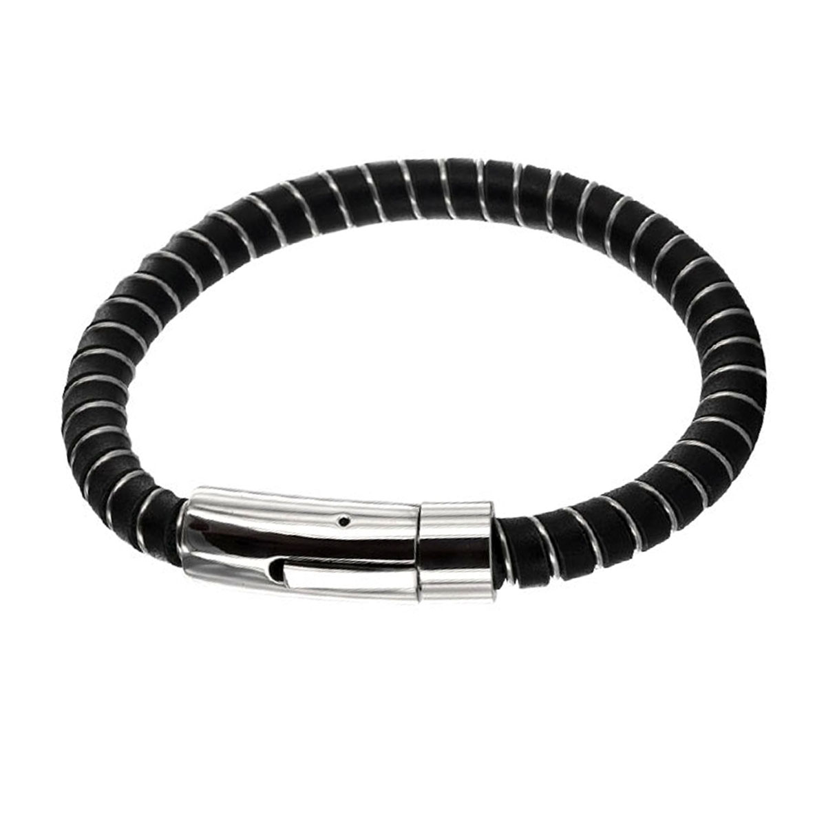 Bracelet cuir acier \'Giorgio\' noir argenté - 65x60x7 mm - [R5089]