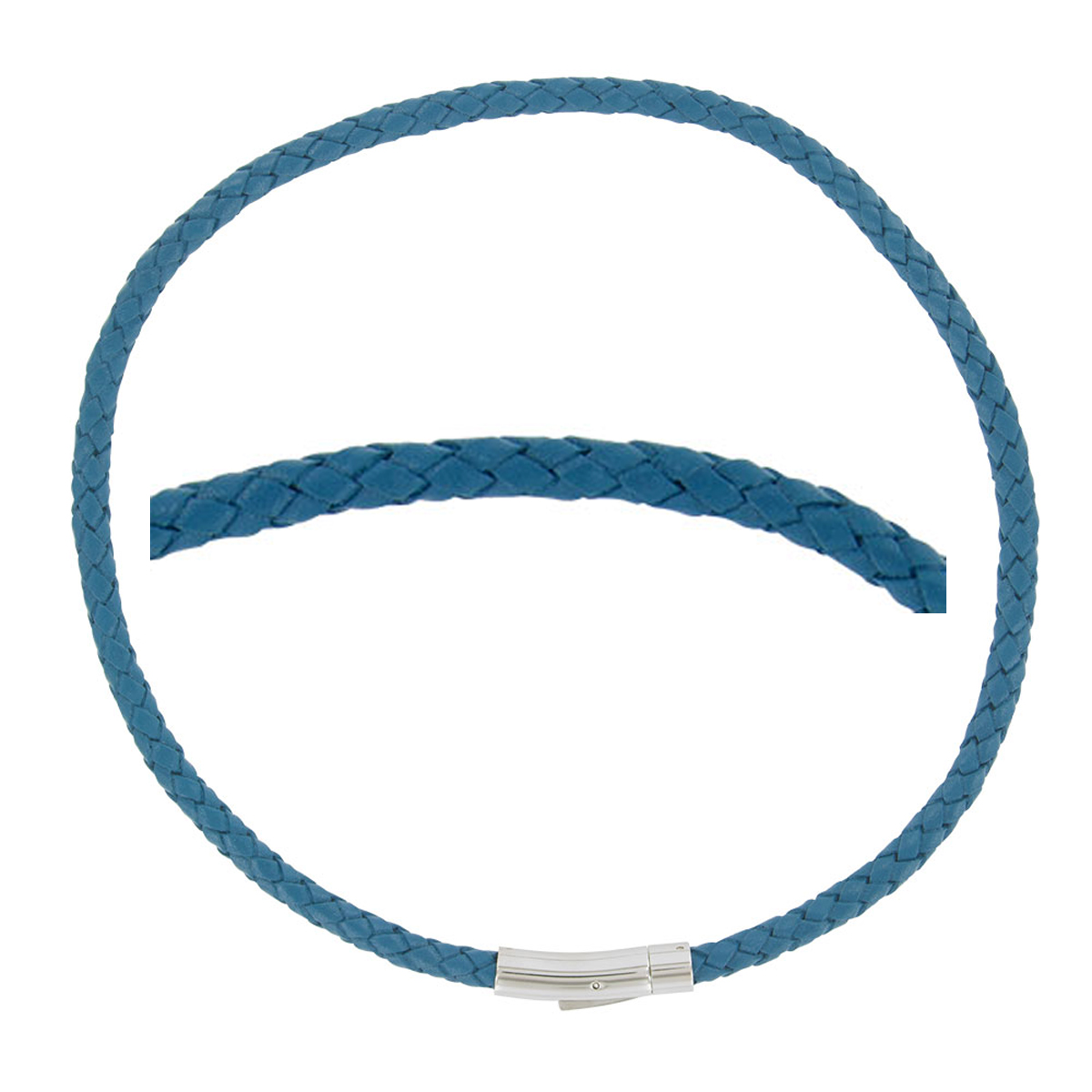 Cordon tressé acier cuir \'Giorgio\' bleu argenté - 45 cm 6 mm - [R5093]