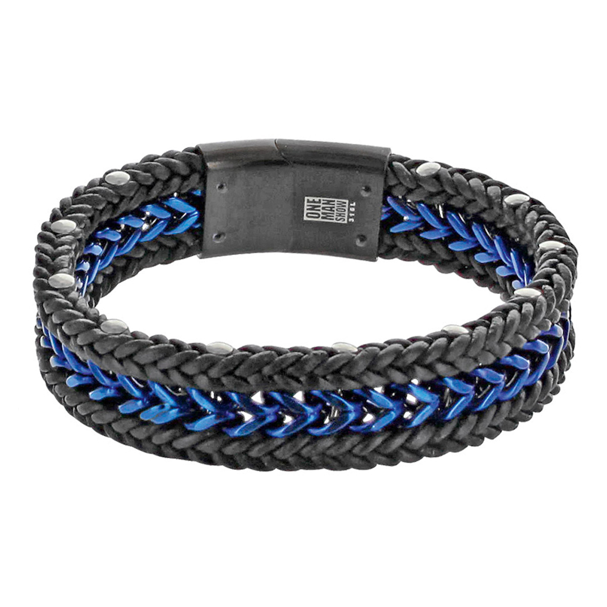 Bracelet cuir acier \'Giorgio\' bleu noir argenté - 210x15 mm - [R5102]