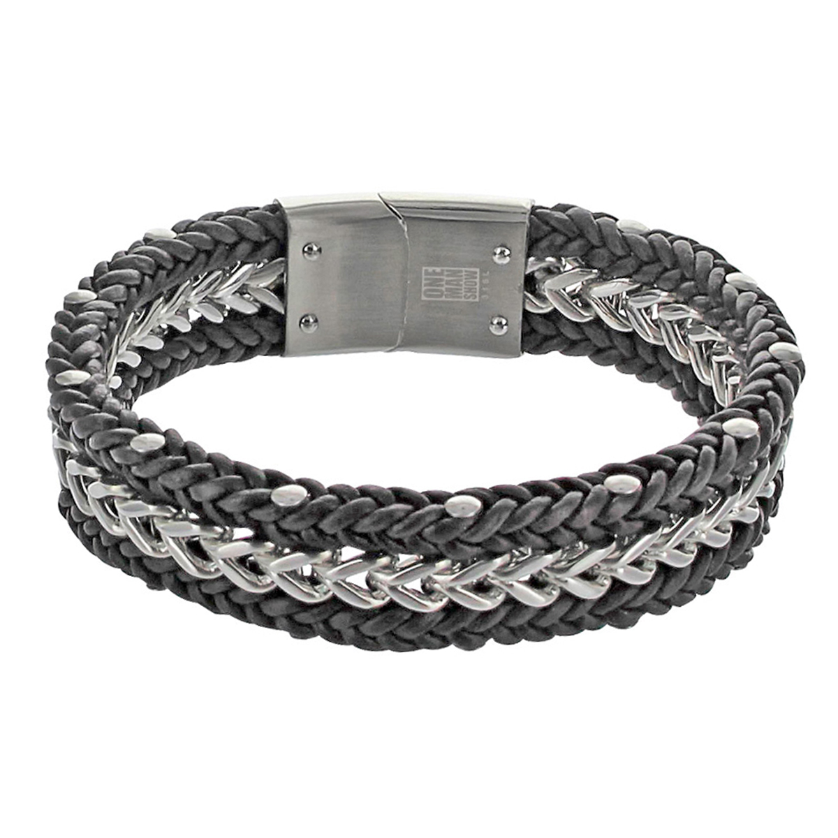 Bracelet cuir acier \'Giorgio\' noir argenté - 210x15 mm - [R5103]