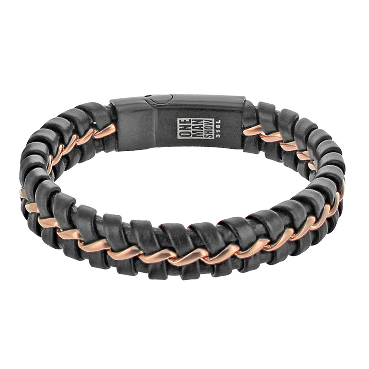 Bracelet cuir acier \'Giorgio\' noir rosé - 210x14 mm - [R5104]