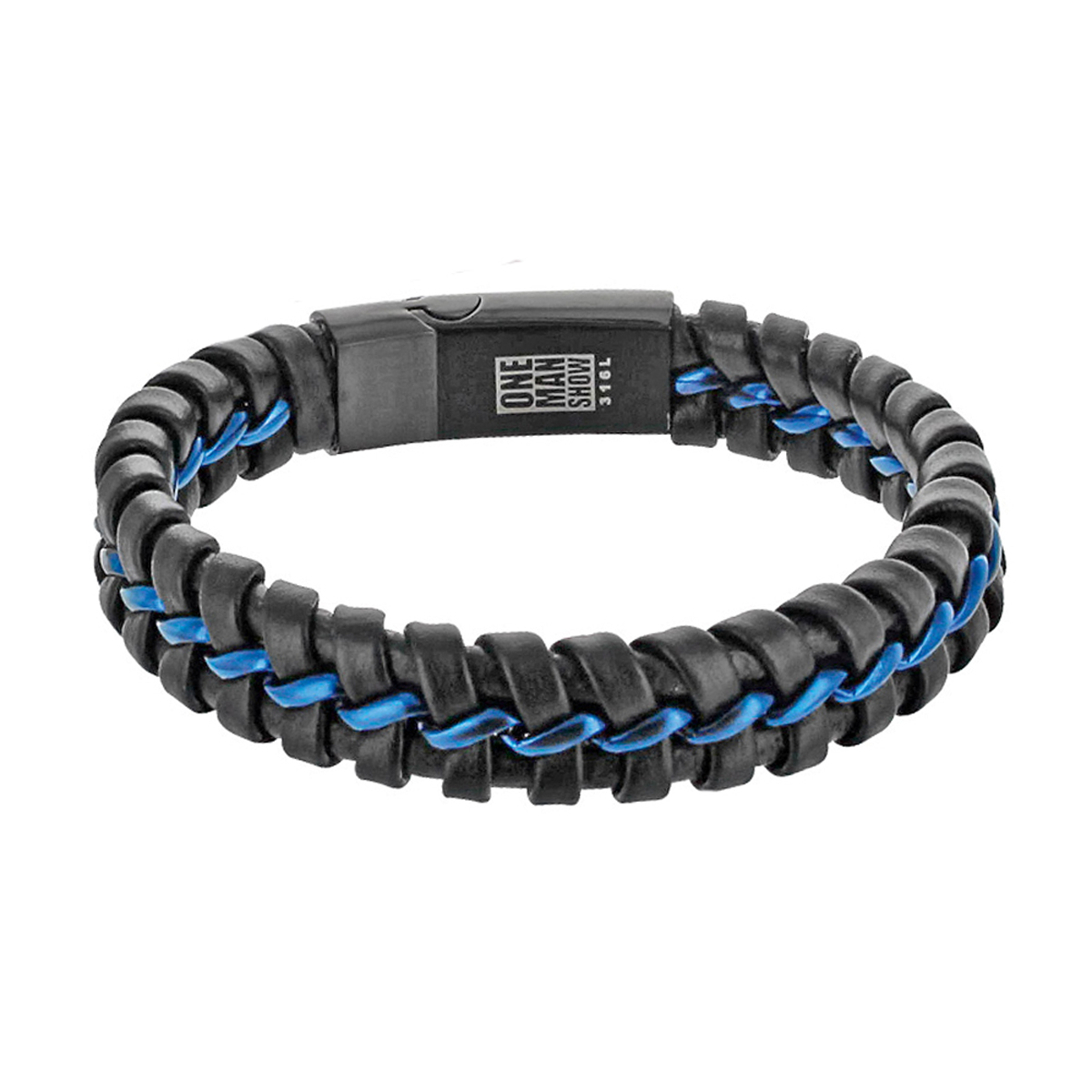 Bracelet cuir acier \'Giorgio\' noir bleu - 210x14 mm - [R5105]
