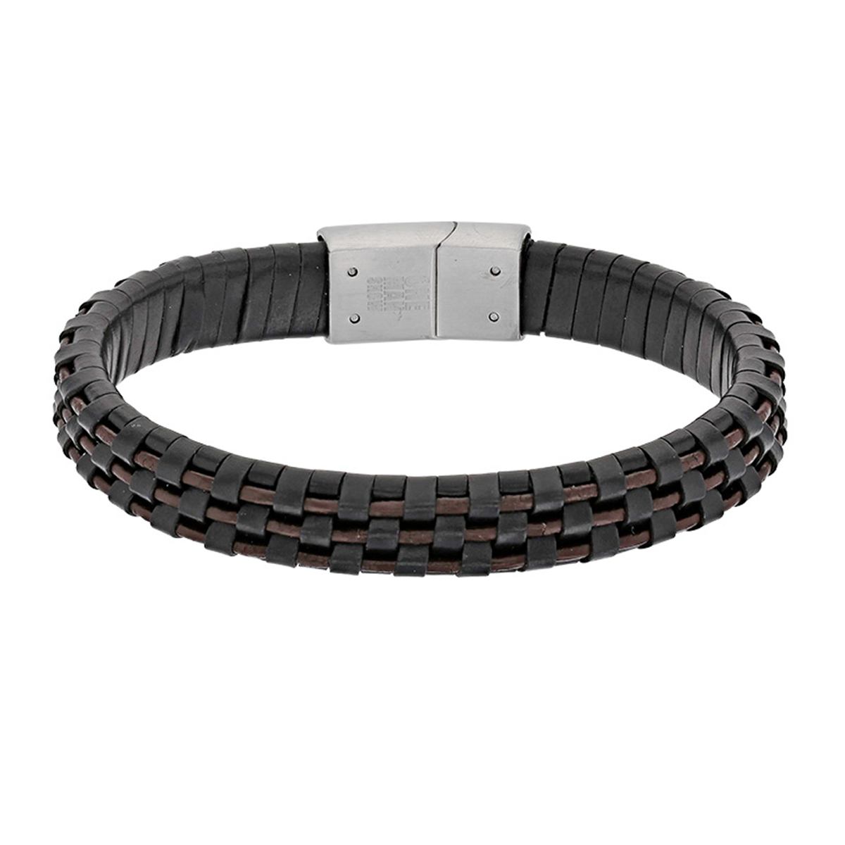 Bracelet cuir acier \'Giorgio\' noir marron - 210x12 mm - [R5106]