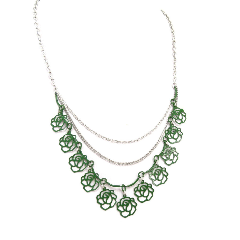 Collier créateur \'Rosa Romantica\' vert (camélia) - 13 mm (3 rangs) - [R5226]