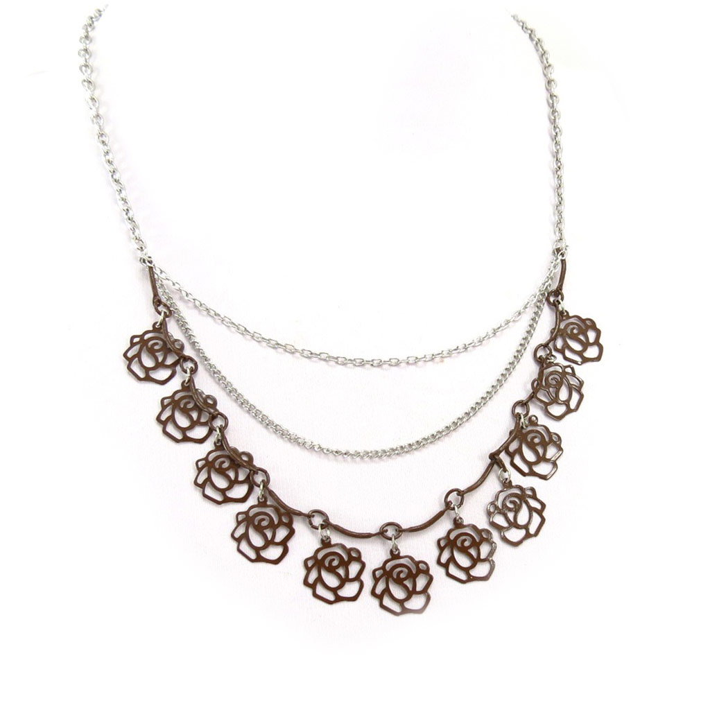 Collier créateur \'Rosa Romantica\' marron (camélia) - 13 mm (3 rangs) - [R5227]
