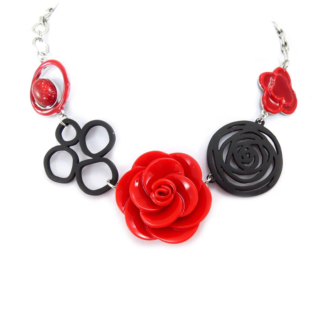 Collier créateur \'Rosa Romantica\' rouge noir - 35 mm - [R5234]