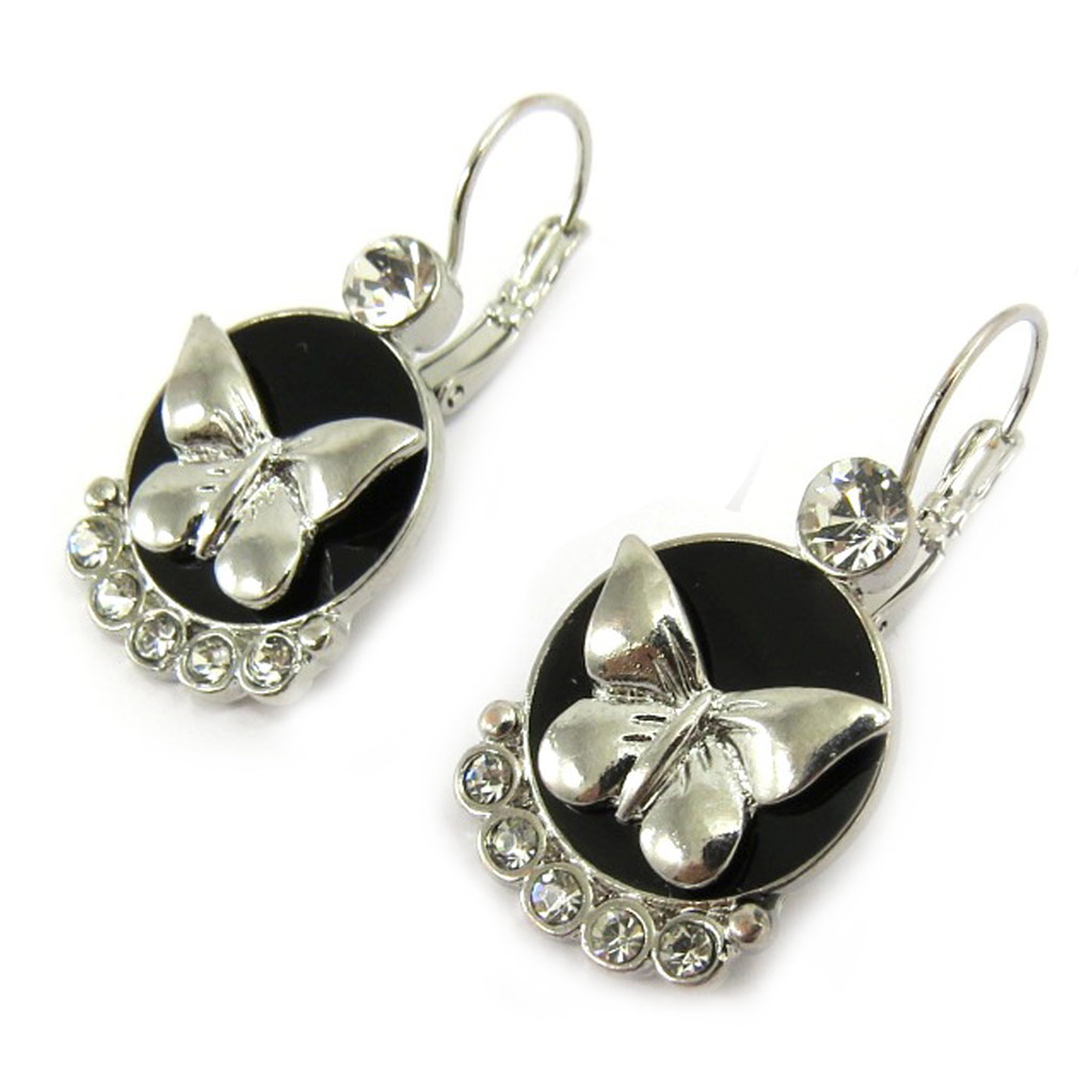 boucles d\'oreilles créateur \'Papillons\' noir argenté - 35x17 mm - [R5639]