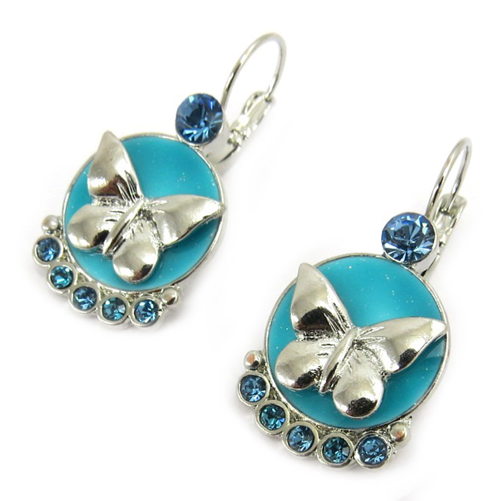 Boucles d\'oreilles créateur \'Papillons\' turquoise argenté - 35x17 mm - [R5641]