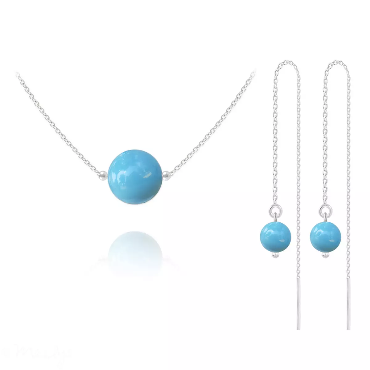 les trésors de lily Parure argent artisanale 'Perla' turquoise argenté (collier et boucles) 10 mm boucles 6 mm [R5955]