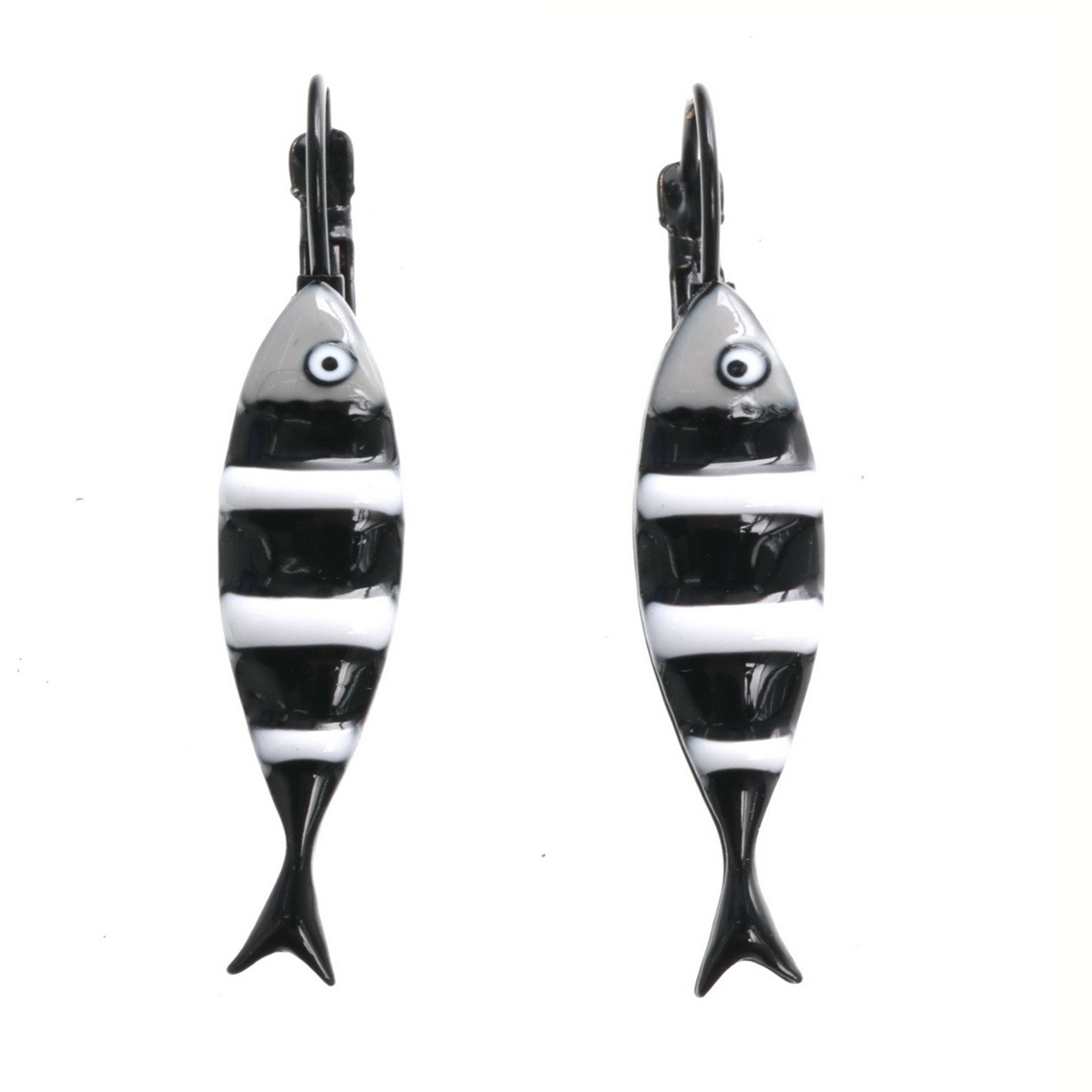 Dormeuses créateur \'Lilipoupettes\' (sardines) noir blanc - 33x8 mm - [R6074]