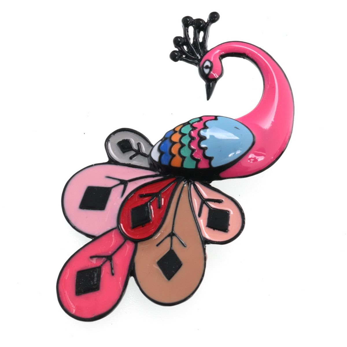 Broche créateur \'Lilipoupettes\' (paon) rose multicolore - 70x40 mm - [R6080]