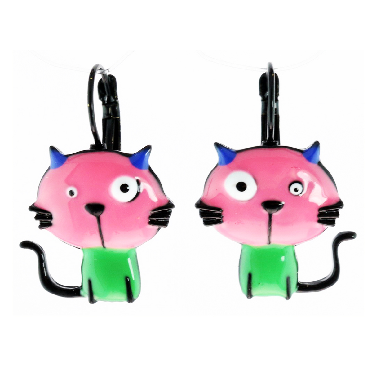 Dormeuses créateur \'Lilipoupettes\' (chat) rose vert - 20x20 mm - [R6087]