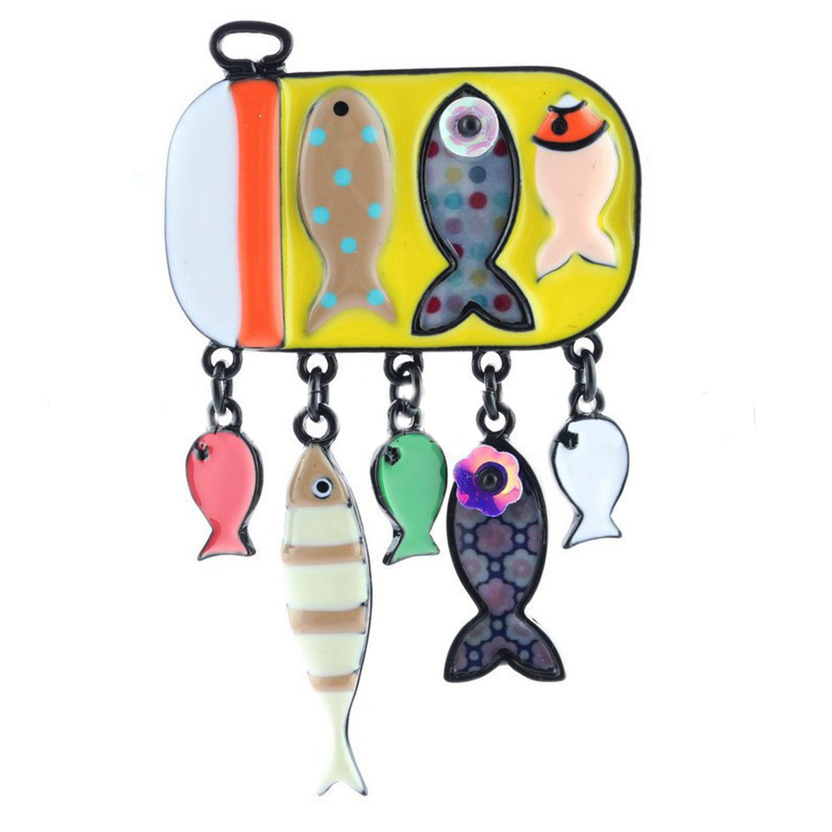 Broche créateur \'Lilipoupettes\' (sardines, boite à sardines) jaune multicolore - 70x42 mm - [R6108]
