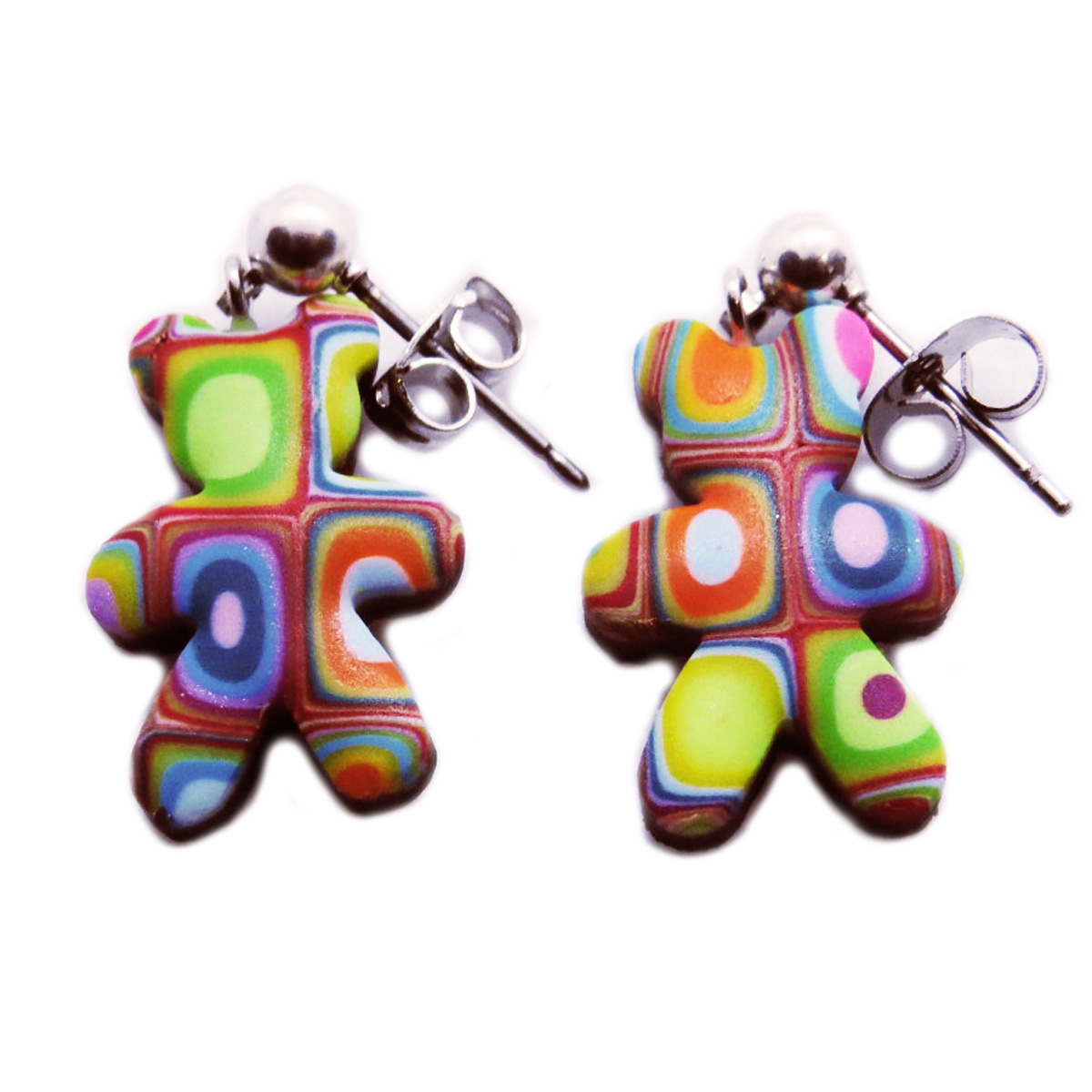 Boucles d\'oreilles artisanales \'Colombine & Arlequin\' multicolore (nounours) - 17x13 mm - [R6430]