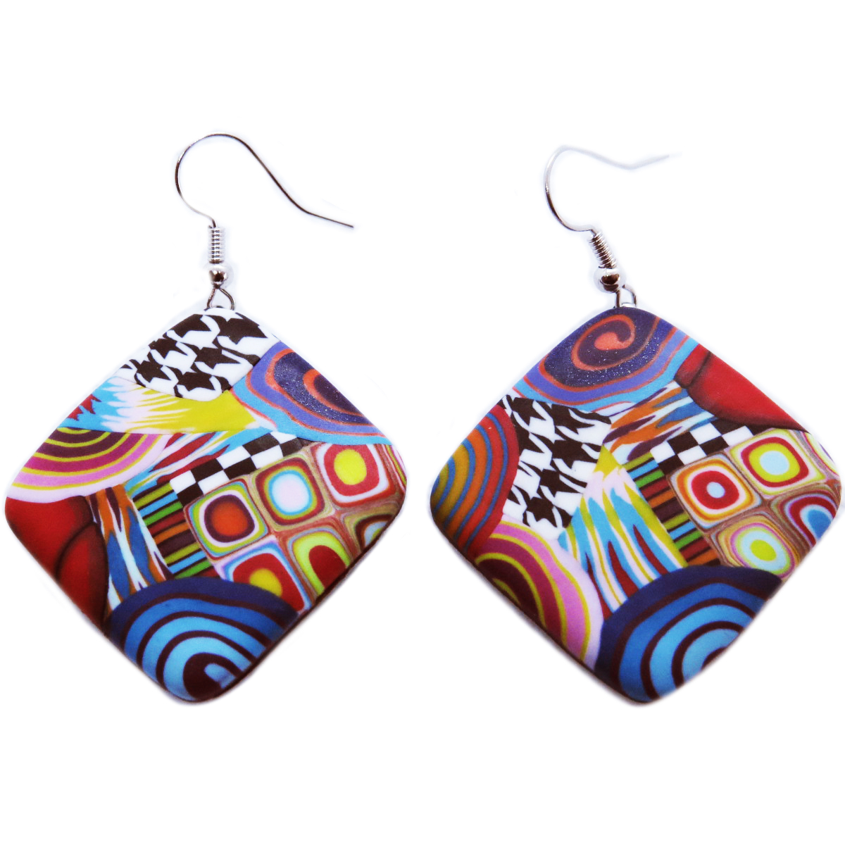 Boucles d\'oreilles artisanales \'Colombine & Arlequin\' multicolore (losange) - 40x38 mm - [R6449]
