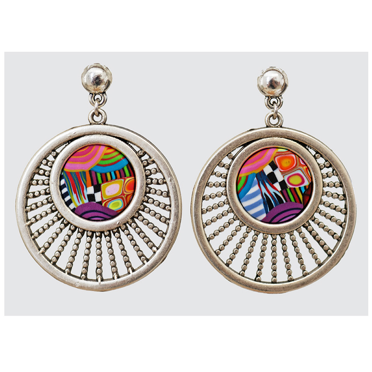 Boucles d\'oreilles artisanales \'Colombine & Arlequin\' multicolore argenté - 50x35 mm - [R6466]