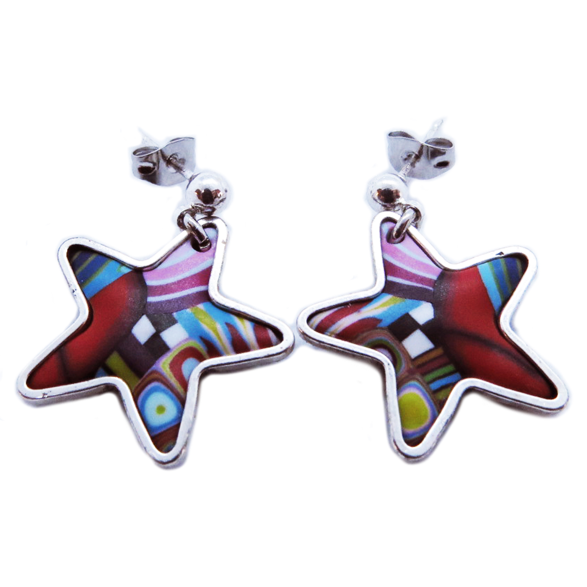 Boucles d\'oreilles artisanales \'Colombine & Arlequin\' multicolore argenté (étoile) - 20x20 mm - [R6511]
