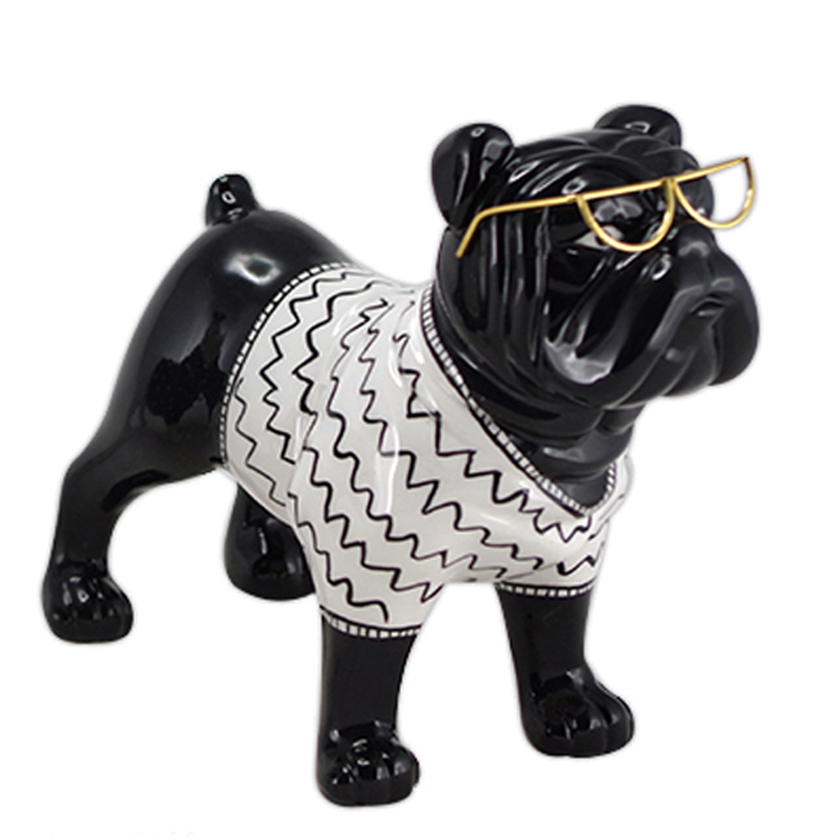 Figurine céramique \'Bulldog Anglais\' noir blanc (lunettes) - 19x16x9 cm - [R6543]