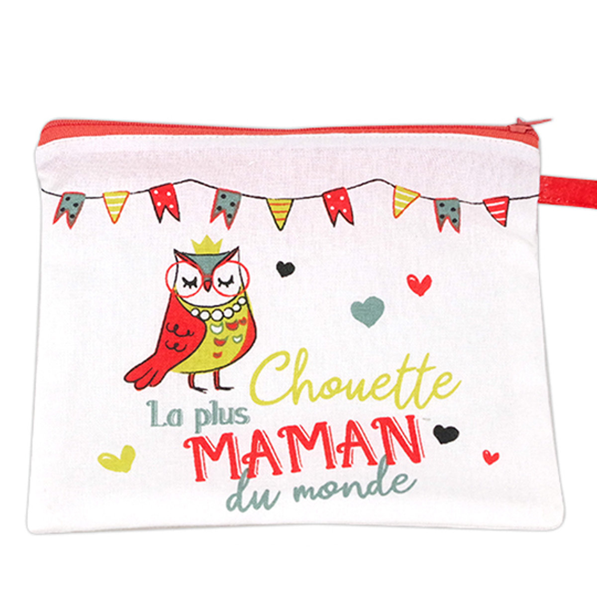 Trousse plate coton \'Maman\' rouge blanc (La plus Chouette Maman du monde) - 20x14 cm - [R6611]