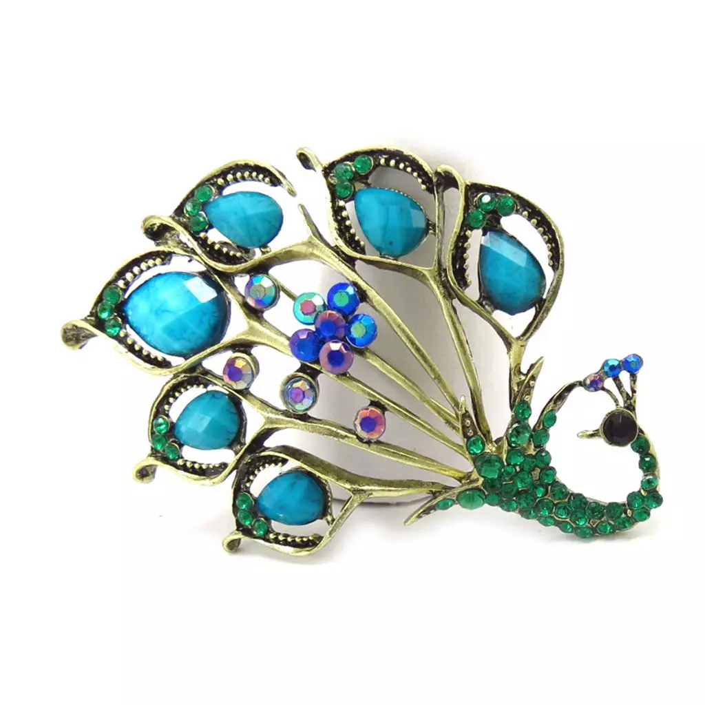 les trésors de lily Broche créateur 'Paon' turquoise 73x56 mm [R6753]