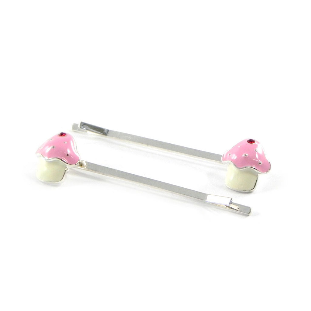 Paire de Barrettes \'Gâteau Fraise\' Blanc Rose - 55 mm - [E4144]