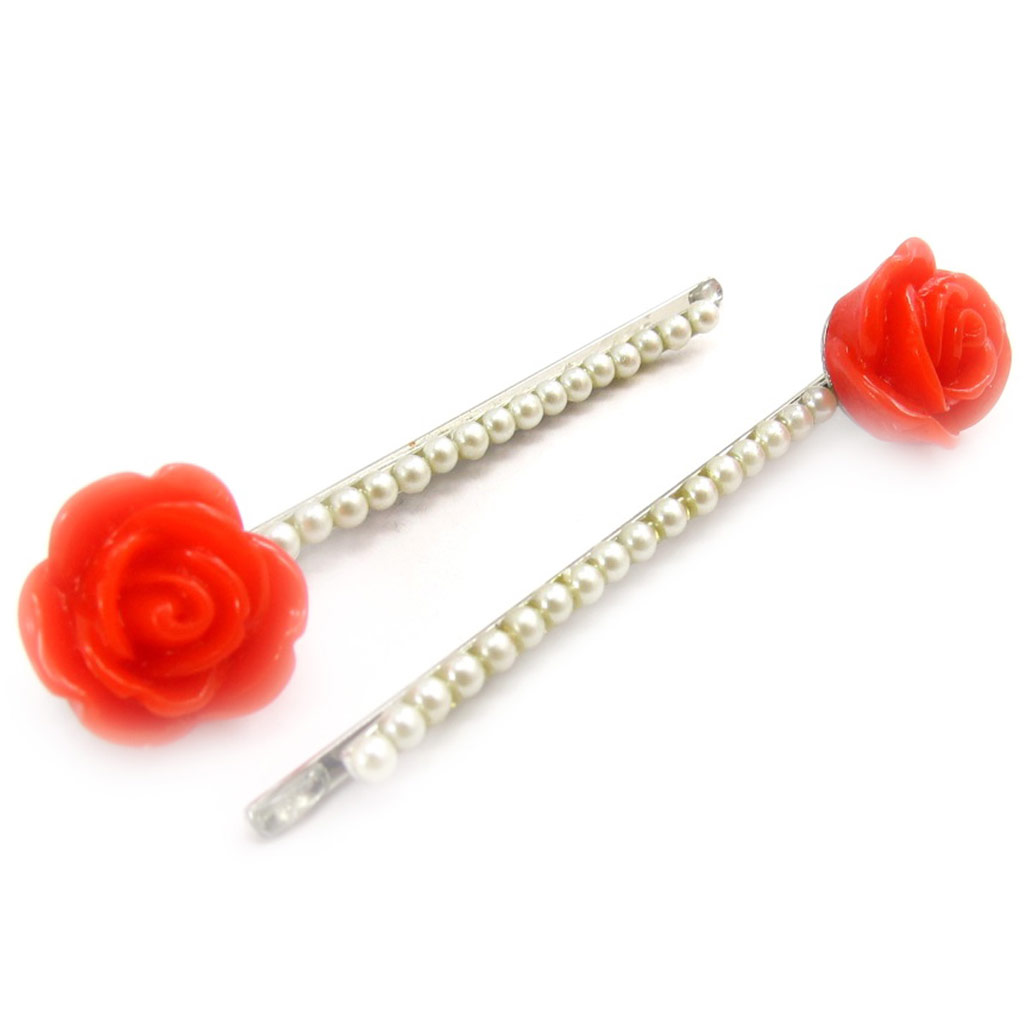 Barrettes créateur \'Rosa Romantica\' rouge - 60x14 mm (perles) - [K0697]