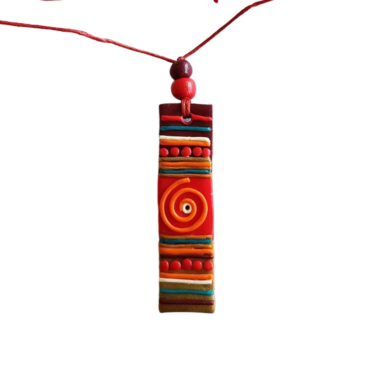 Collier artisanal \'Cubisme\' orange rouge - 57x16 mm - [R7910]