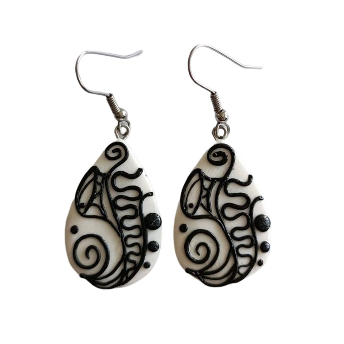 Boucles d\'oreilles artisanales \'Cubisme\' blanc noir - 30x20 mm - [R7918]