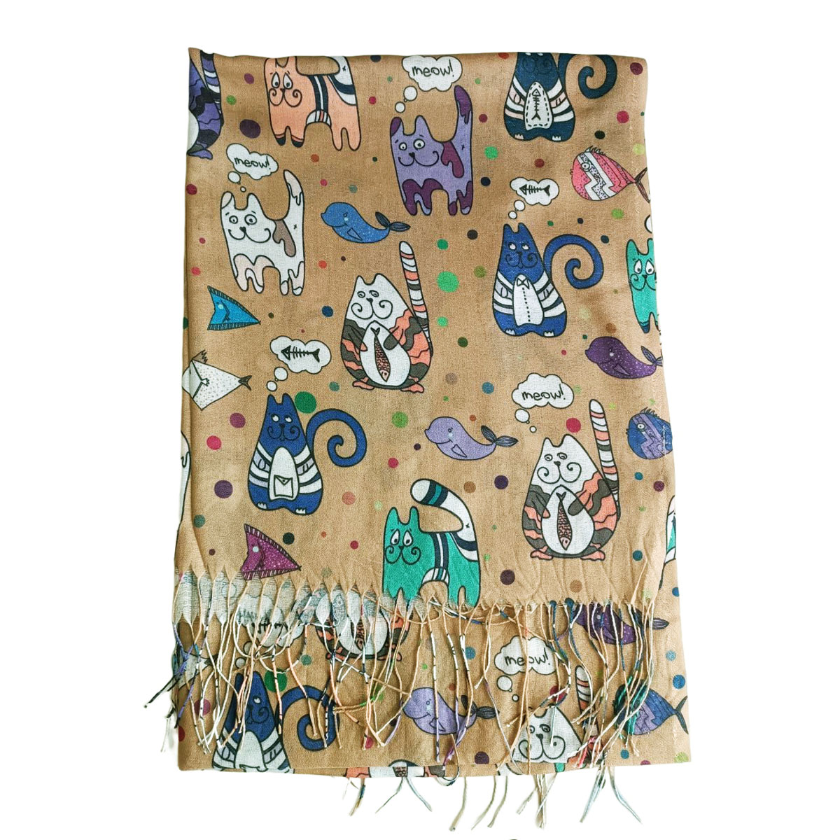 Écharpe coton lin \'Chats\' marron multicolore - 200x70 cm - [R7948]
