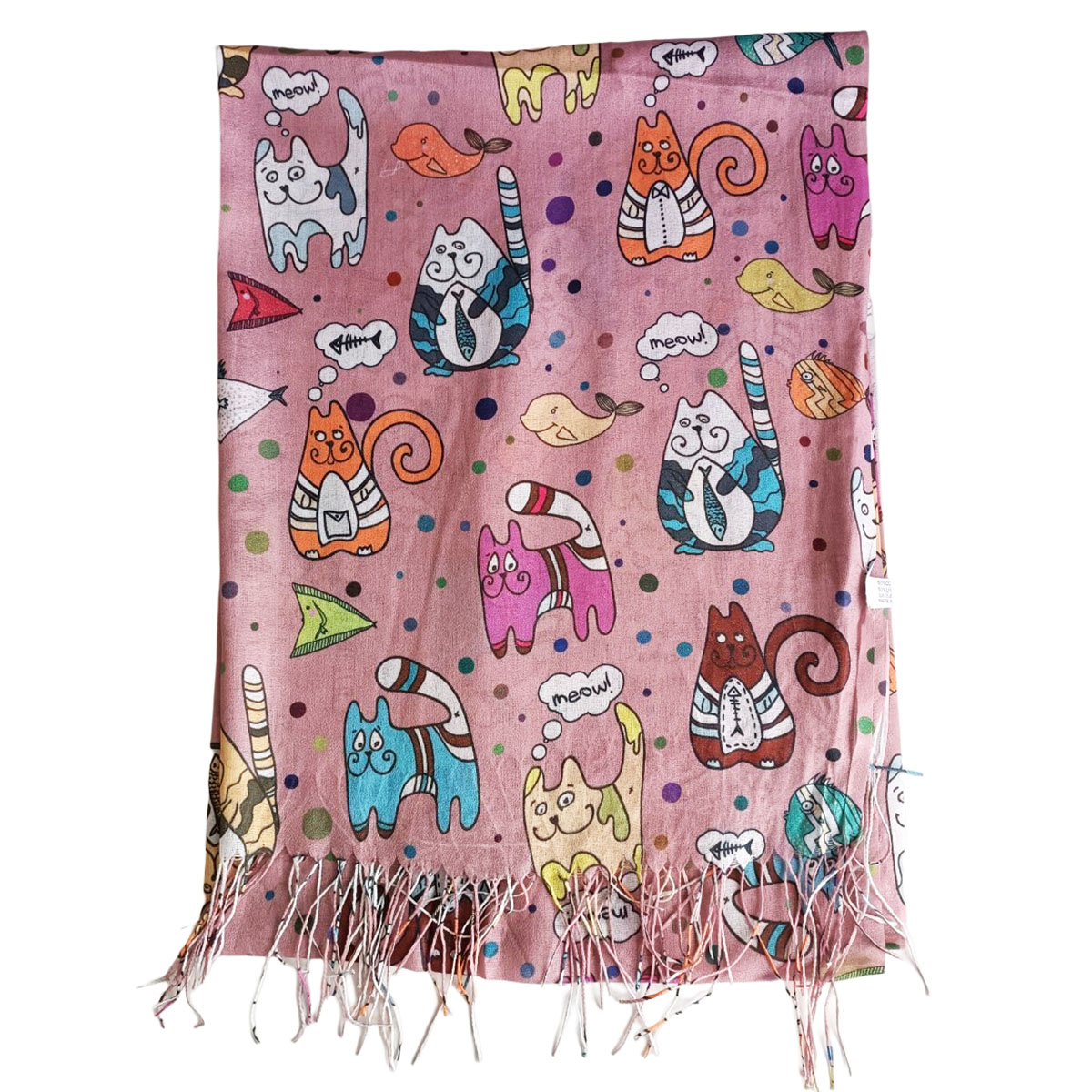 Écharpe coton lin \'Chats\' vieux rose - 200x70 cm - [R7949]