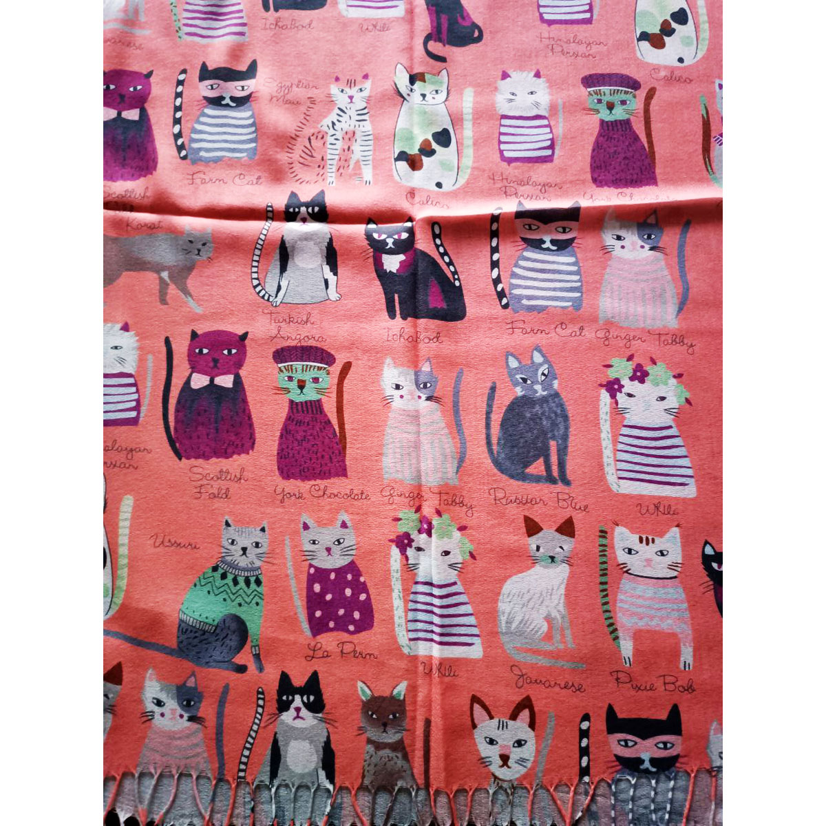 Écharpe coton lin \'Chats\' saumon multicolore - 200x70 cm - [R7951]