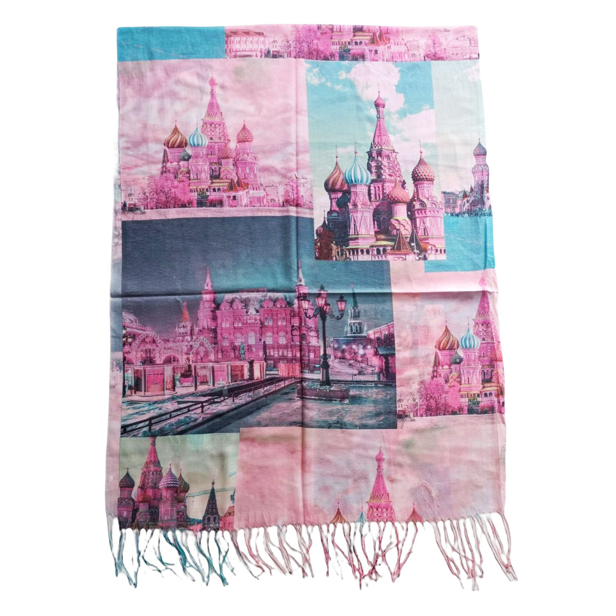Écharpe coton lin \'Souvenirs de Russie\' rose bleu -  200x70 cm - [R7952]
